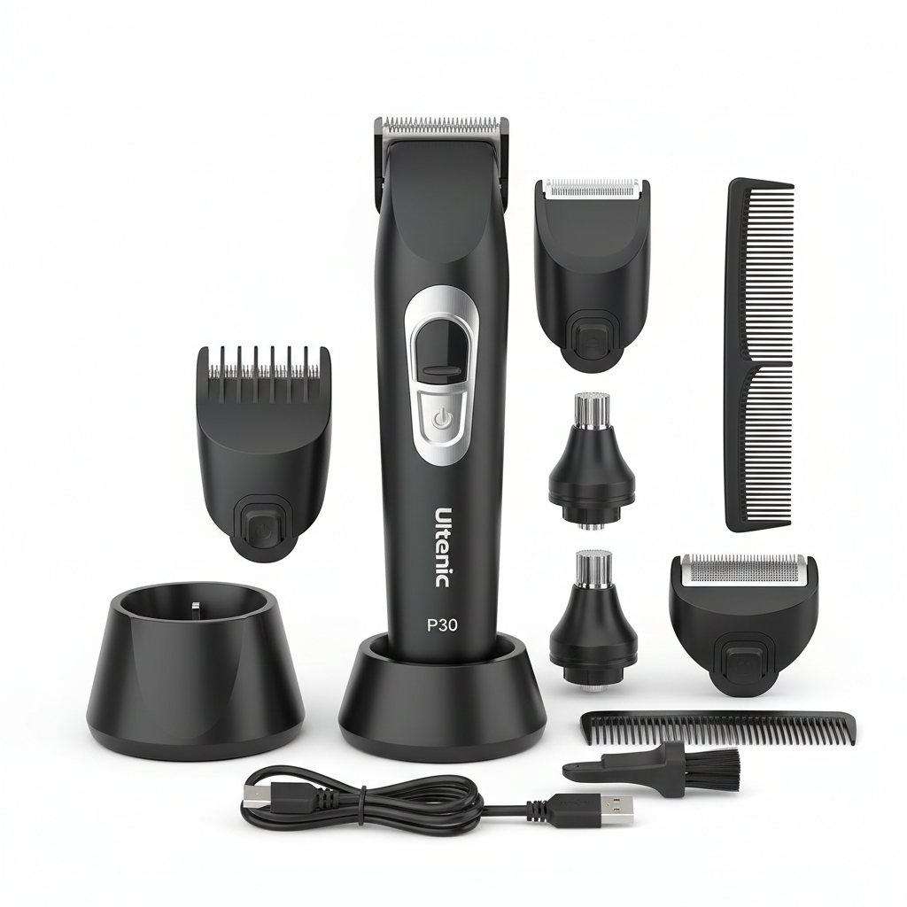 Ultenic P30 Pro men's grooming kit trimmer in black and silver on white background