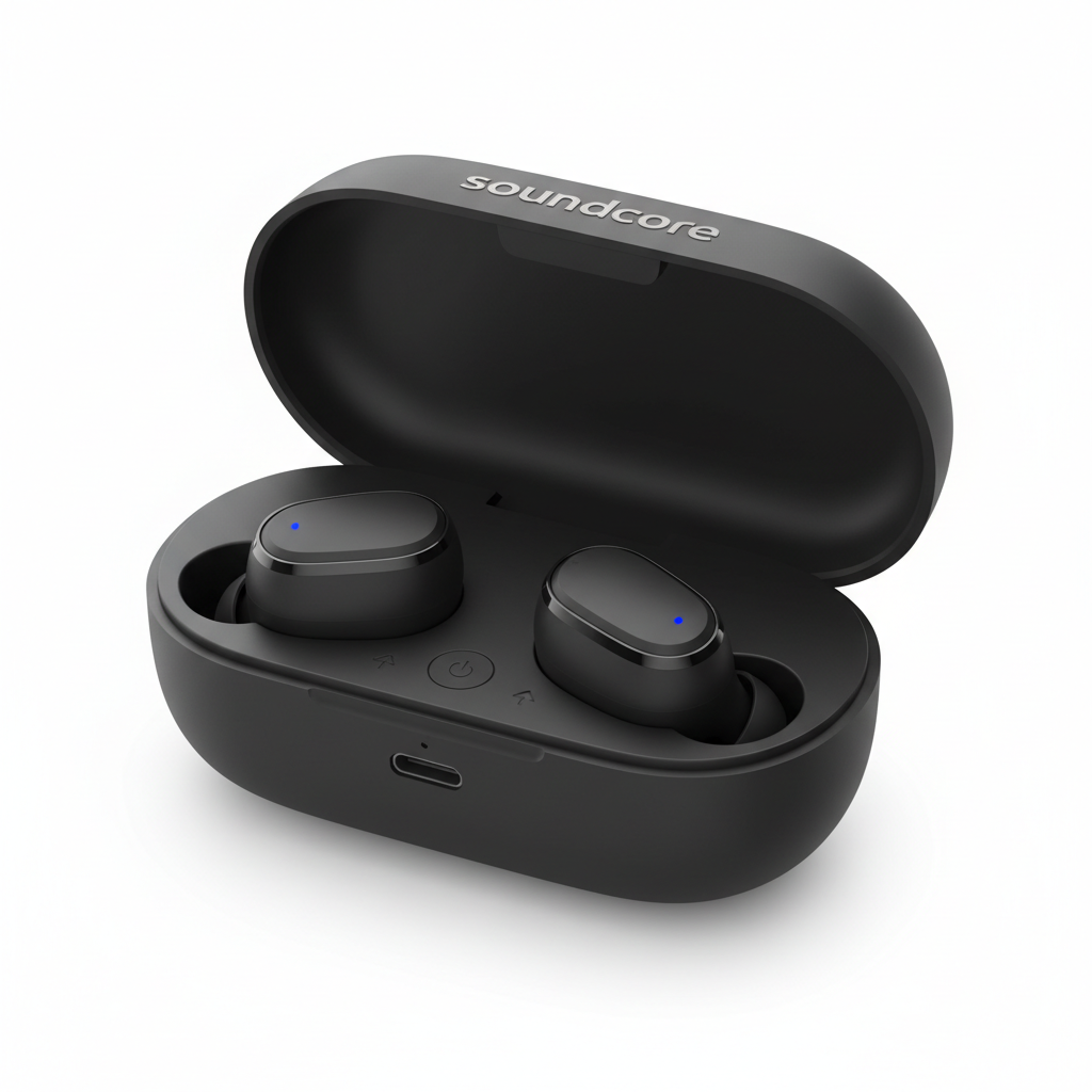 Soundcore Anker P40i black wireless earbuds with charging case on white background